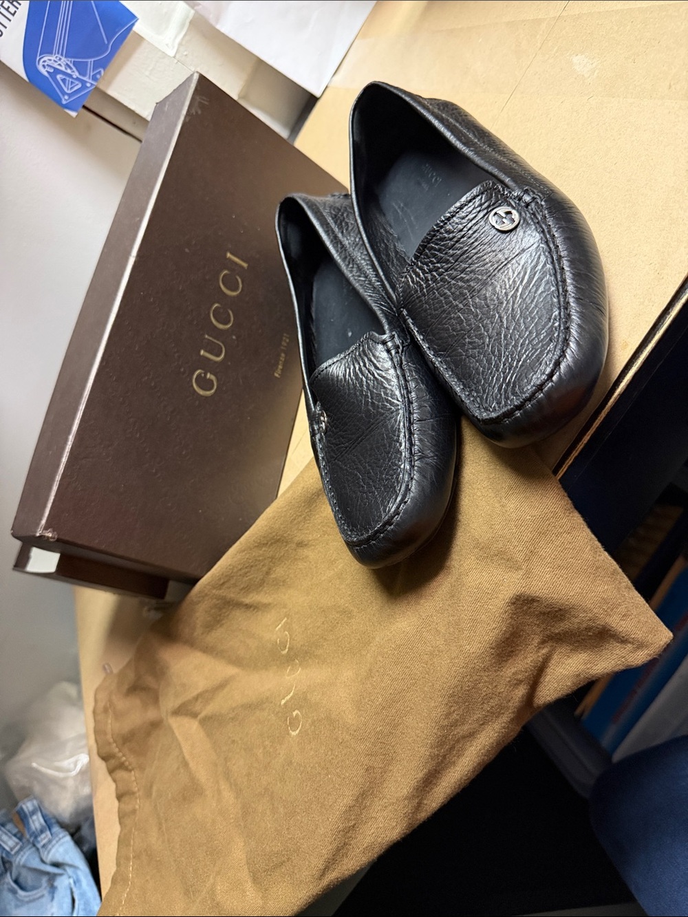 Gucci Black Leather Moccasin Slip-On Loafers